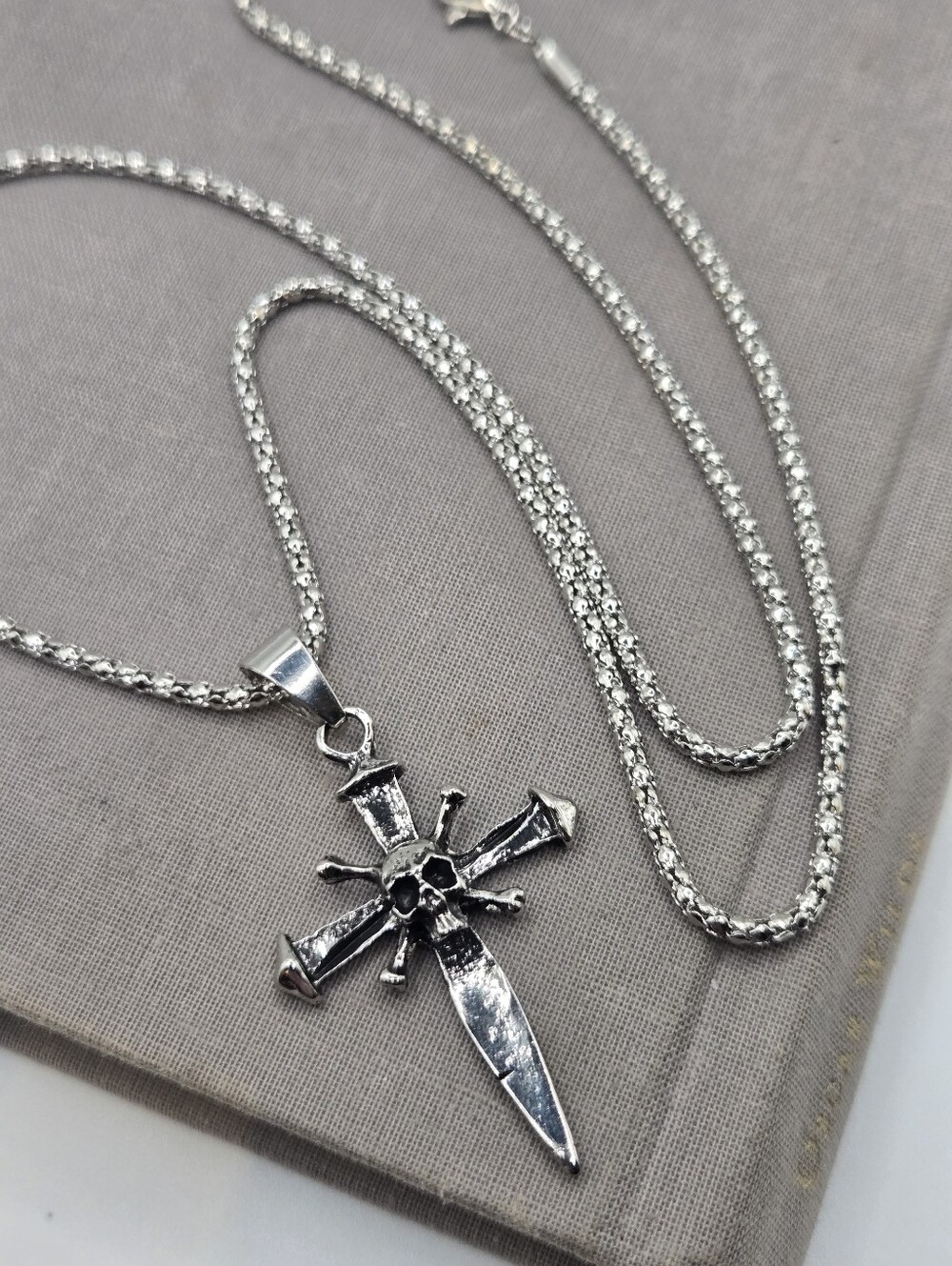 Gothic Coffin Nail Skull Knife Cross Necklace Silver Tone Maltese Cross 23"
